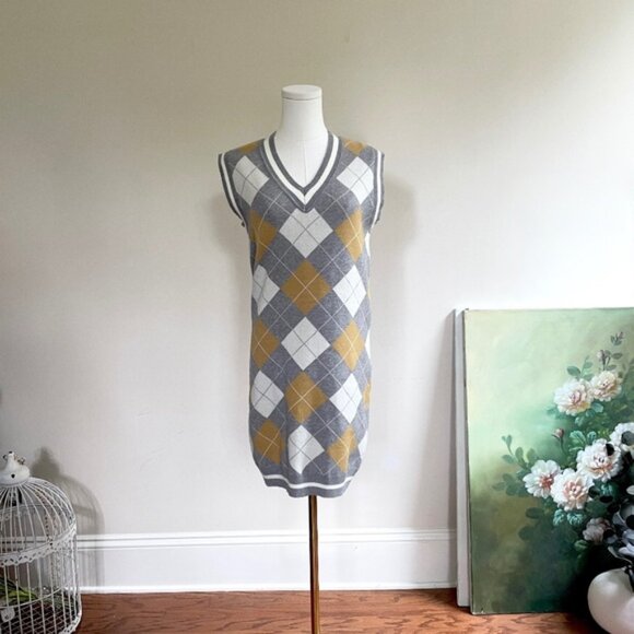 Sweater Knit Vest Dress Argyle V Neck Womens S Academia Preppy Y2K Schoolgirl - Picture 1 of 10